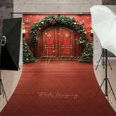 Aperturee Aperturee Elegant Christmas Front Door Sweep Photo Backdrop Red Doors with Garland and Trees Holiday Welcome Home Prop